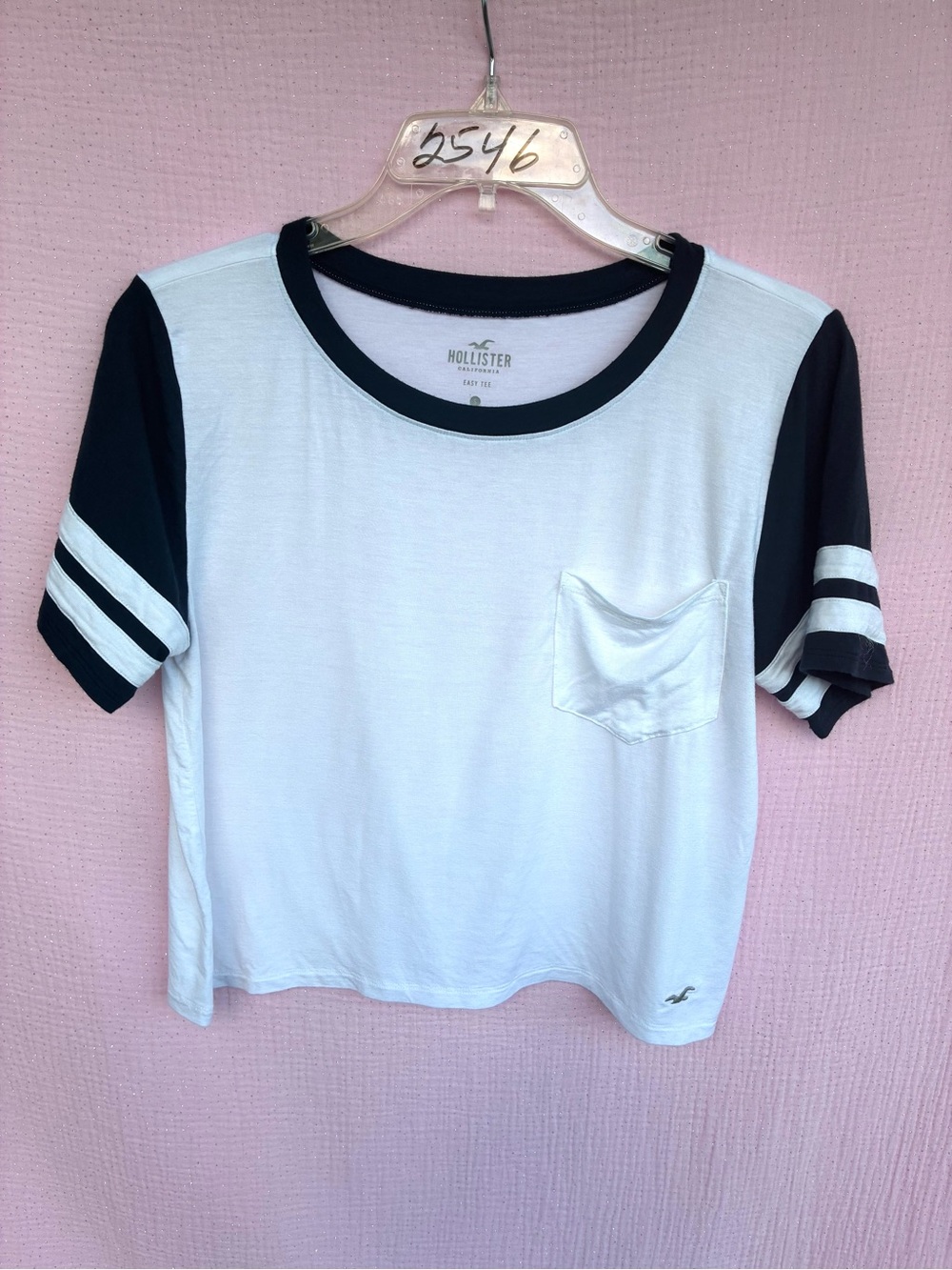 Hollister Easy Tee White Navy Striped Sleeve Pocket Crop Trop Size Small